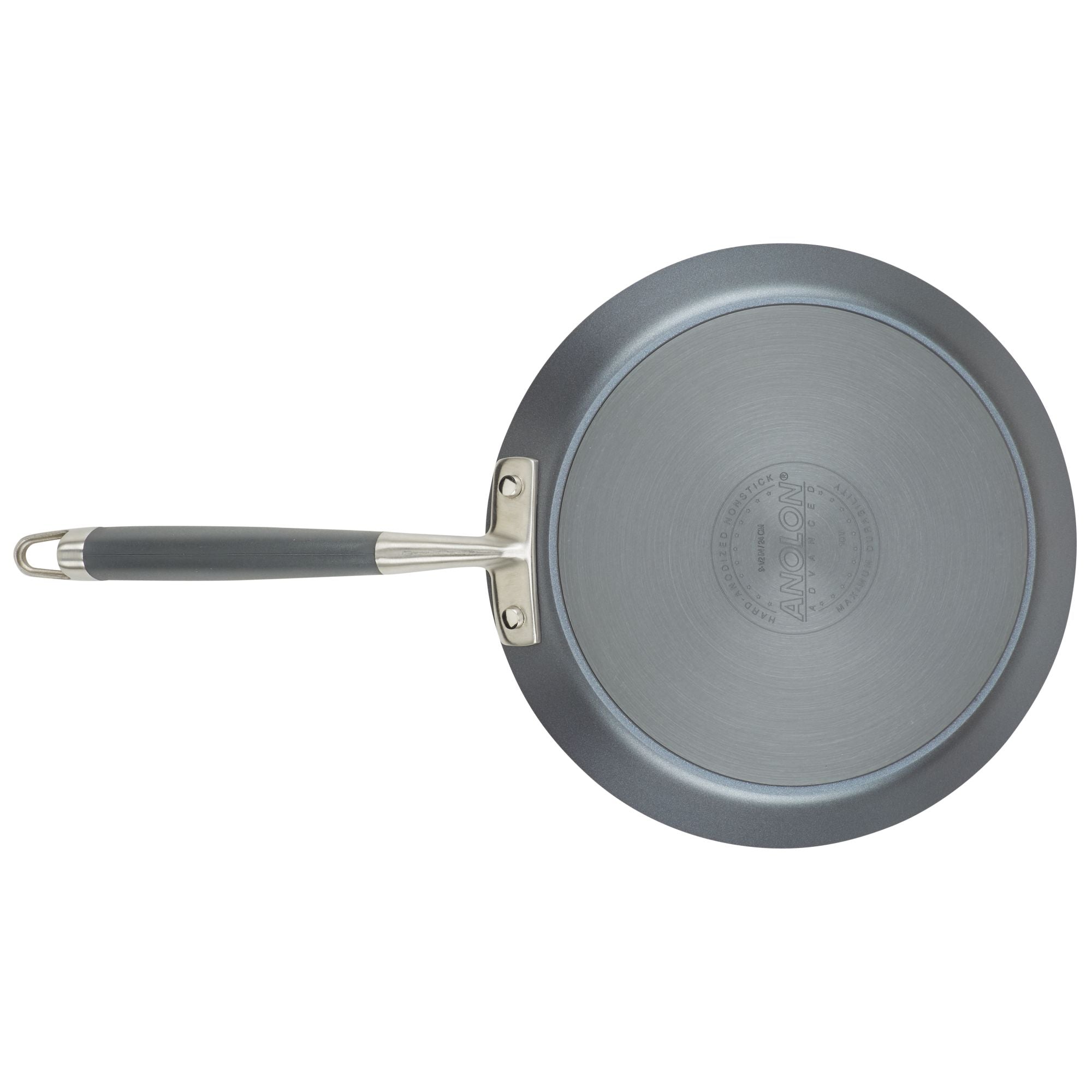 A top-down view of the Advanced Home 9.5-Inch Crepe Pan highlights its non-stick design for effortless cooking, featuring a sleek stainless steel handle. The smooth base proudly displays a circular embossed Advanced Home logo, and the handle is equipped with a loop at the end for convenient hanging. This kitchen essential effortlessly combines functionality with style, making it ideal as a crepe pan.