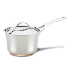 A 3.5-Quart Saucepan with Lid from Nouvelle Stainless, featuring a long handle and displayed against a white background. The saucepan showcases a sleek exterior with subtle copper accents at the base, making it perfect for induction cooking and versatile culinary applications.