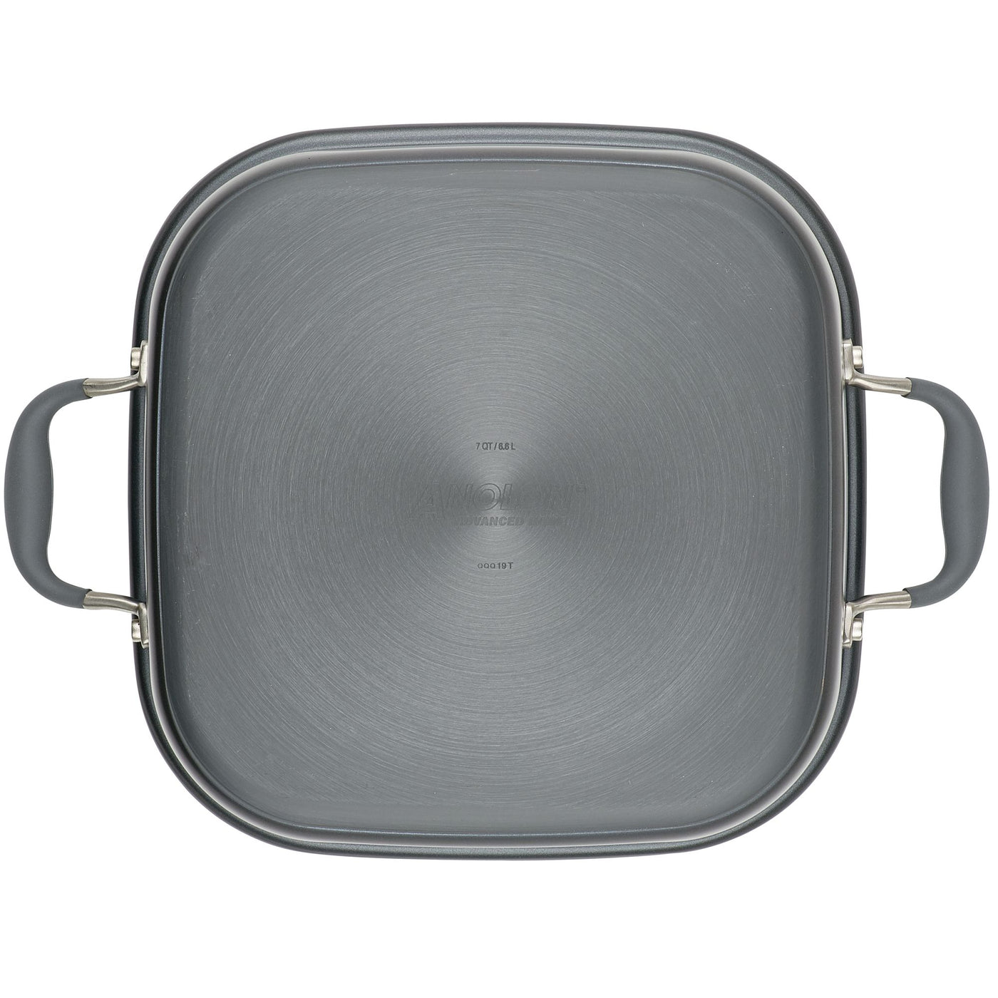 A top-down perspective of the Square Two Step Meal Set by Advanced Home reveals a square, anodized cooking pan with rounded corners and two black handles on either side. This versatile cookware features a smooth gray surface designed for exceptional nonstick performance.
