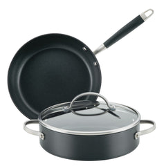 The Advanced Home 3-Piece Nonstick Cookware Set includes two black, hard-anodized cookware items: a frying pan outfitted with a long handle and a sauté pan that ensures optimal heat distribution. It comes complete with a glass lid and convenient side handles, all designed in sleek styles to complement modern kitchens perfectly.