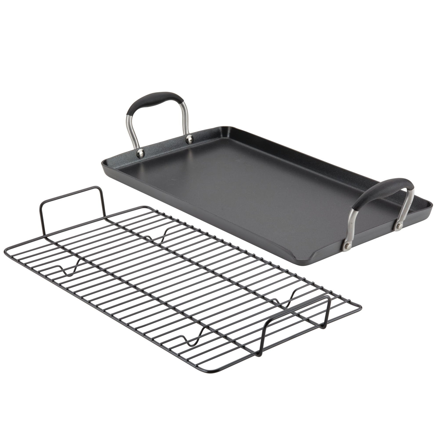 The Advanced Home 10 x 18-Inch Double Burner Griddle with Multi-Purpose Rack, featuring metal handles and a nonstick black finish, is shown behind the matching rack with raised sides, both displayed on a white background.