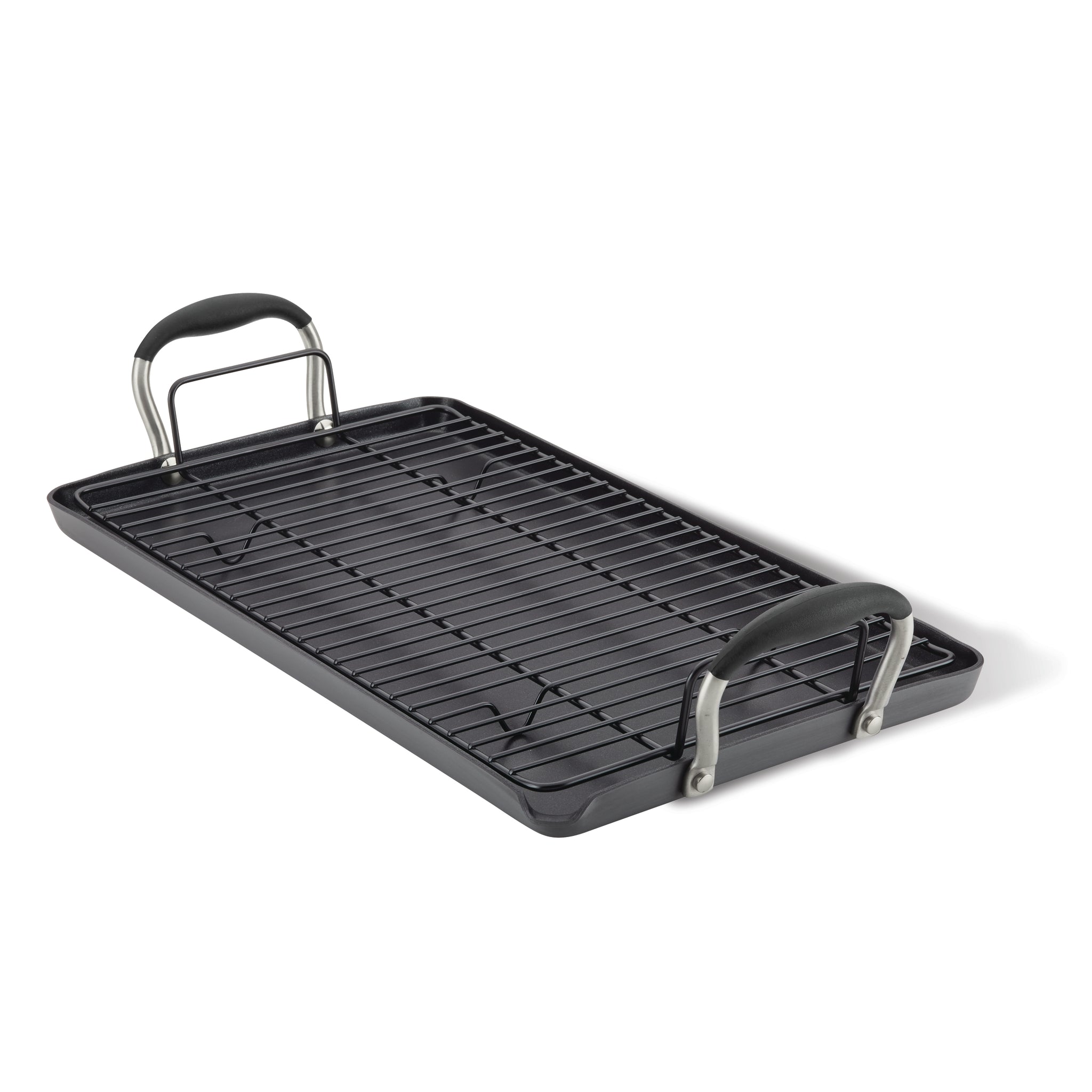 The Advanced Home 10 x 18-Inch Double Burner Griddle with Multi-Purpose Rack is a rectangular black nonstick griddle with SureGrip handles on both sides, shown on a white background and featuring a removable rack for versatile cooking.