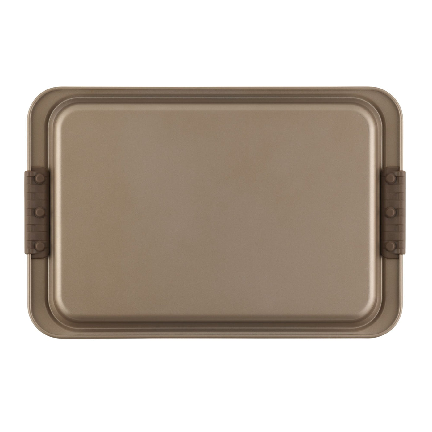 The Advanced Cookie Sheet with Silicone Grips is a rectangular, non-stick baking sheet, showcasing a golden-brown finish and advanced silicone grips for a secure hold. Its smooth surface ensures even heat distribution, making it perfect for all your baking needs.
