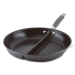 Discover the culinary versatility of the Advanced Home 12.5-Inch Divided Grill and Griddle Pan. Crafted with hard-anodized construction, this black pan features a sleek handle and a dual-section design—one smooth, premium nonstick half and one grooved, grill-like half separated by a raised divider—ideal for all your skillet needs.