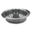 Introducing the Advanced 9.5-Inch Fluted Cake Pan, featuring a nonstick, metallic finish and a central tube that is perfect for molding exquisite pound cakes. It is designed with two black silicone handles on the sides for easy handling.