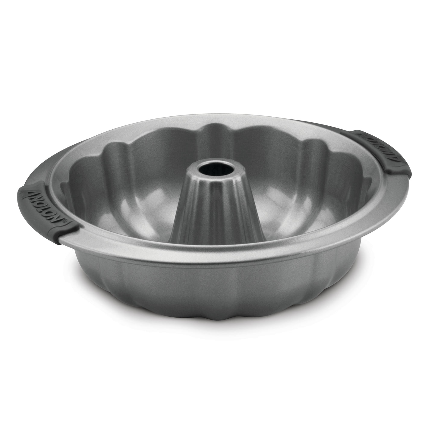 Introducing the Advanced 9.5-Inch Fluted Cake Pan, featuring a nonstick, metallic finish and a central tube that is perfect for molding exquisite pound cakes. It is designed with two black silicone handles on the sides for easy handling.
