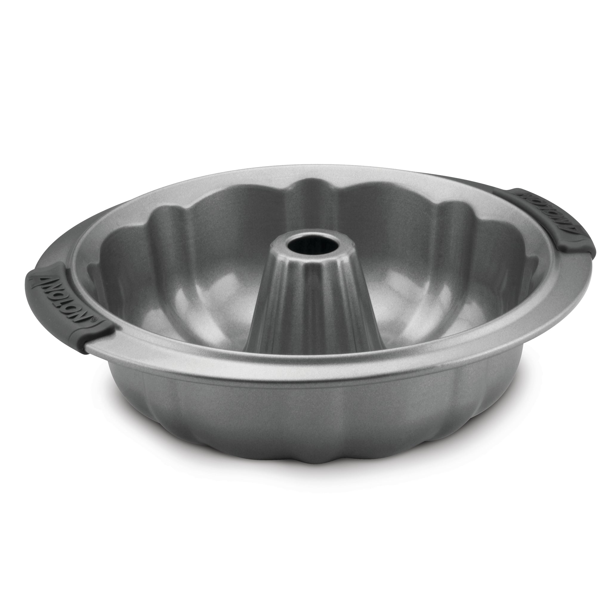 Introducing the Advanced 9.5-Inch Fluted Cake Pan, featuring a nonstick, metallic finish and a central tube that is perfect for molding exquisite pound cakes. It is designed with two black silicone handles on the sides for easy handling.