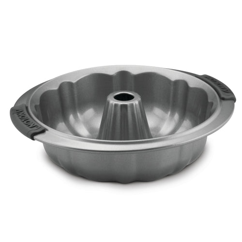 Introducing the Advanced 9.5-Inch Fluted Cake Pan, featuring a nonstick, metallic finish and a central tube that is perfect for molding exquisite pound cakes. It is designed with two black silicone handles on the sides for easy handling.