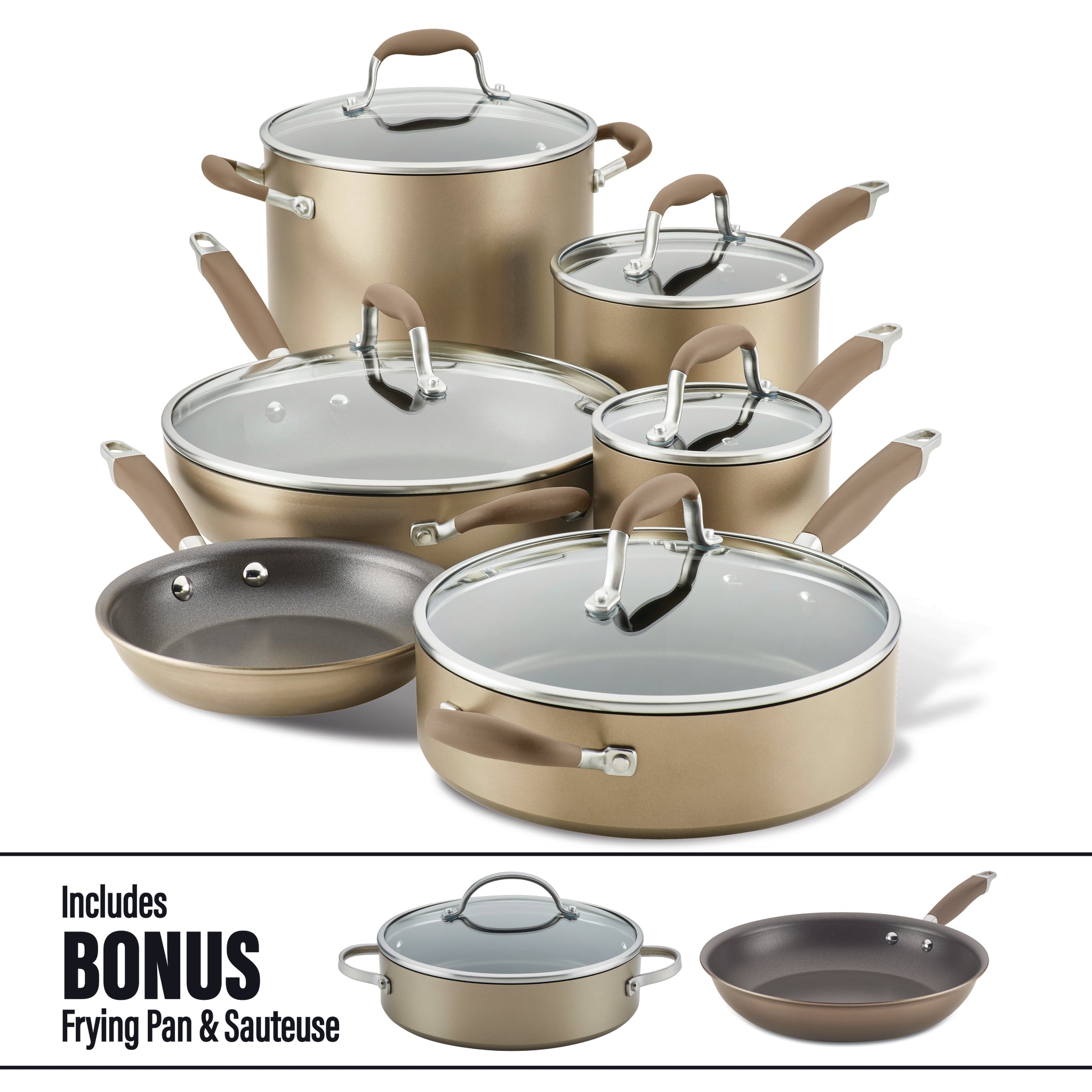 Explore the Anolon 11-Piece Cookware Set with Bonus, expertly crafted from hard anodized aluminum. This metallic gold collection features nonstick surfaces and glass lids. The set includes saucepans, a frying pan, and a Dutch oven, along with an additional bonus frying pan and sauteuse. Brown handles offer a stylish contrast to enhance your kitchen's decor.