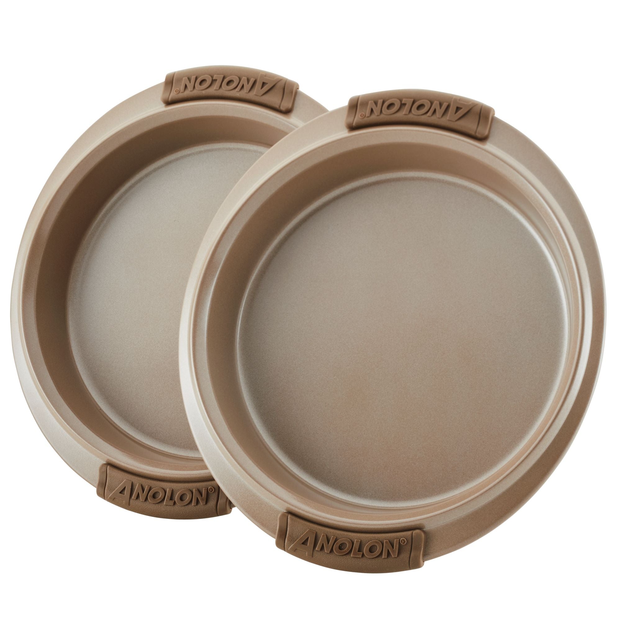 The set includes two 9-inch round layer cake pans made from beige metal, each featuring brown silicone grips with the Anolon logo on both sides. These Advanced Nonstick pans are slightly offset to highlight their non-stick surface and robust construction, guaranteeing excellent baking results every time.