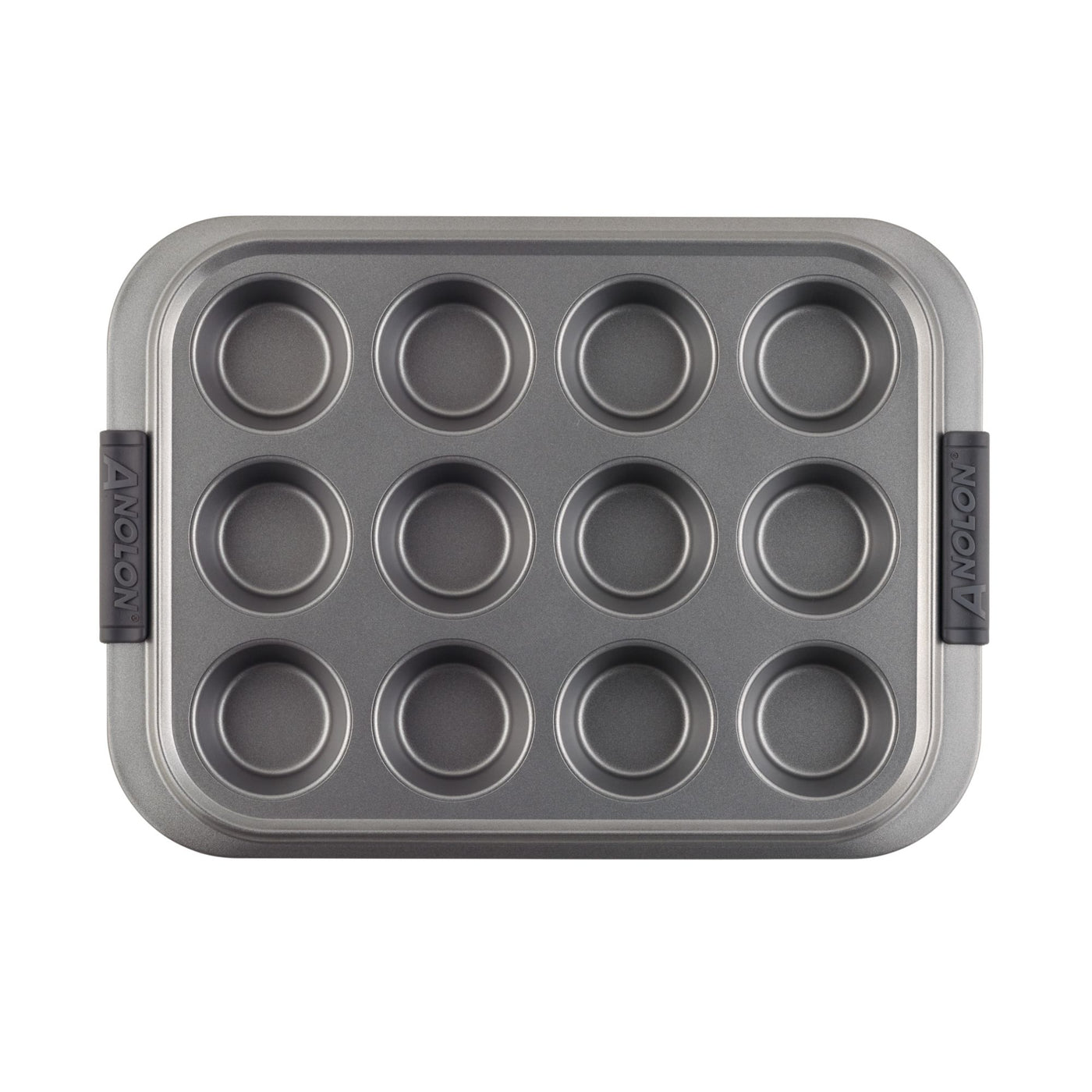 The Advanced Muffin Pan with Lid is designed with 12 round cavities, making it ideal for baking a variety of goods. It features sturdy handles on each side and is crafted from heavy gauge steel construction. The pan boasts a sleek, modern design in silver-gray.