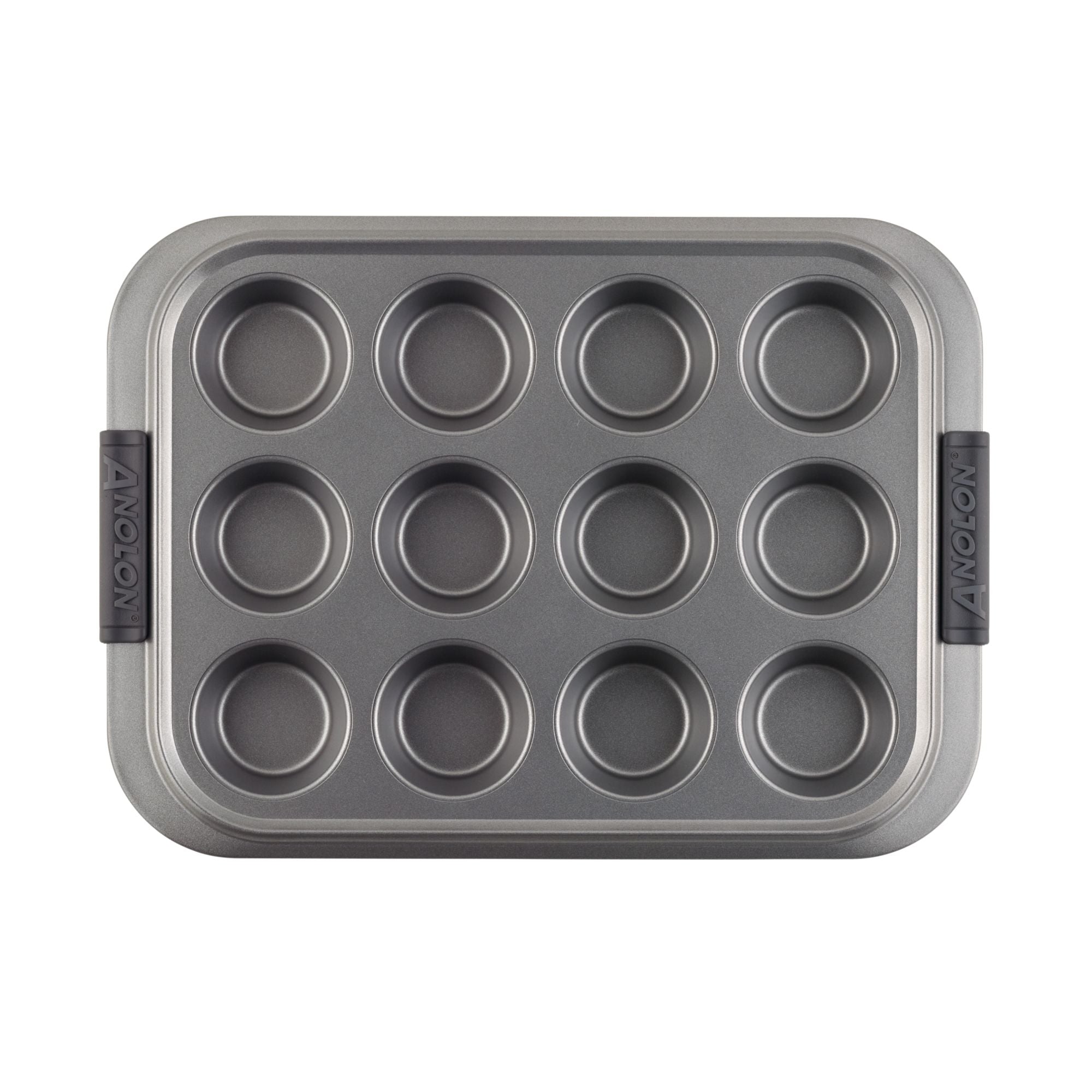 The Advanced Muffin Pan with Lid is designed with 12 round cavities, making it ideal for baking a variety of goods. It features sturdy handles on each side and is crafted from heavy gauge steel construction. The pan boasts a sleek, modern design in silver-gray.