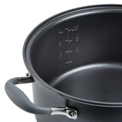 Here is a close-up of the Advanced Home Round Two Step Meal Set, featuring a hard-anodized cooking pot with measurement markings from 1 to 5 quarts on the inside wall. This nonstick set includes a lid with a side handle, perfect for versatile cooking needs.