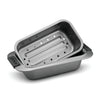 Introducing the 2-Piece Loaf Pan Set by Advanced, featuring two stacked dark gray baking pans from our nonstick bakeware collection. The top pan is designed with holes for draining, similar to a drip pan insert, while the bottom pan remains solid. Both pieces include convenient side handles for easy handling.