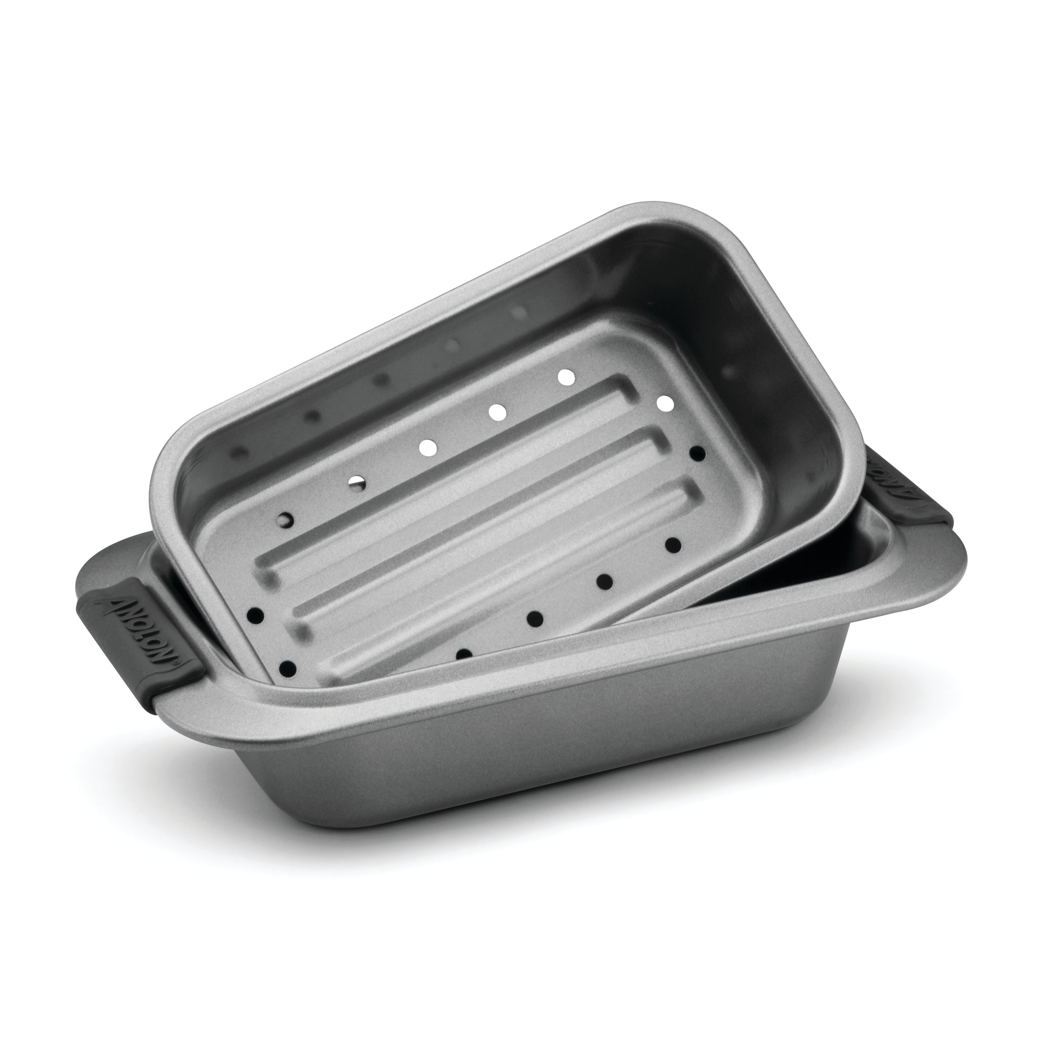 Introducing the 2-Piece Loaf Pan Set by Advanced, featuring two stacked dark gray baking pans from our nonstick bakeware collection. The top pan is designed with holes for draining, similar to a drip pan insert, while the bottom pan remains solid. Both pieces include convenient side handles for easy handling.