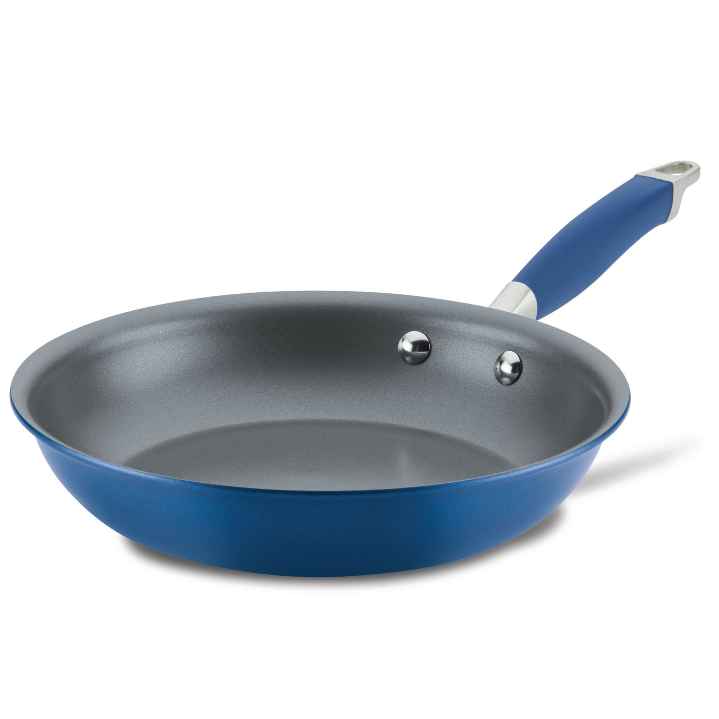 An Advanced Home Frying Pan, showcasing a blue exterior with a silver interior and a matching blue handle complete with a silver hanging loop at the end, is elegantly displayed against a white background.