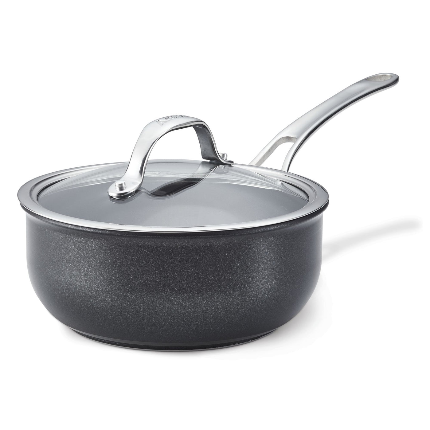 Anolon Xs 2.5-Quart Hybrid Nonstick Saucier Pan, featuring SearTech™ technology, a glass lid with a metallic handle, and a sleek dark finish, is showcased against a plain white background for efficient cooking.