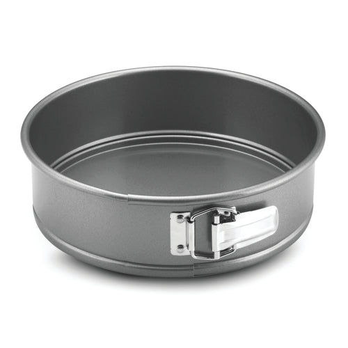 Introducing the Advanced 9-Inch Springform Pan, a round gray nonstick pan designed with a convenient latch on the side, making it perfect for baking your favorite cheesecake.