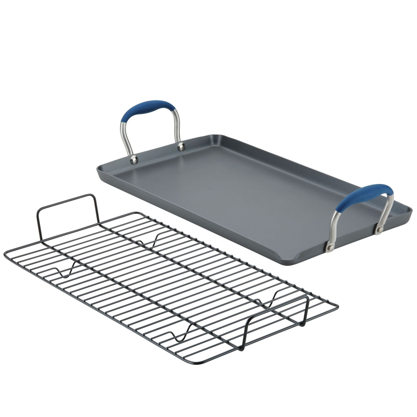 The Advanced Home 10 x 18-Inch Double Burner Griddle with Multi-Purpose Rack is shown in black, with sturdy SureGrip handles. Both griddle and rack are ideal for baking or roasting food in the oven.
