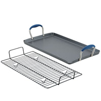 The Advanced Home 10 x 18-Inch Double Burner Griddle with Multi-Purpose Rack is shown in black, with sturdy SureGrip handles. Both griddle and rack are ideal for baking or roasting food in the oven.