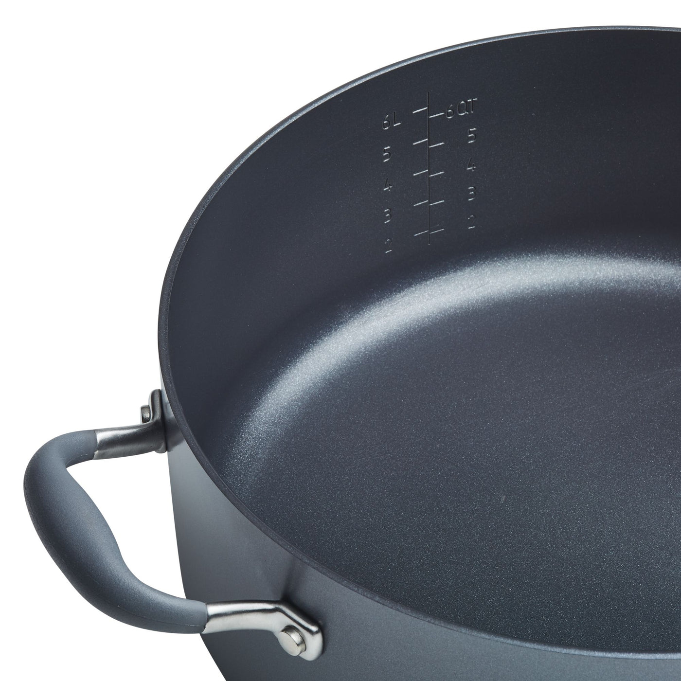 Close-up of a gray Advanced Home 7.5-Quart Stockpot with a measurement scale on the inner side. The pot boasts excellent heat distribution and features a sturdy handle with a metallic connection to the body.