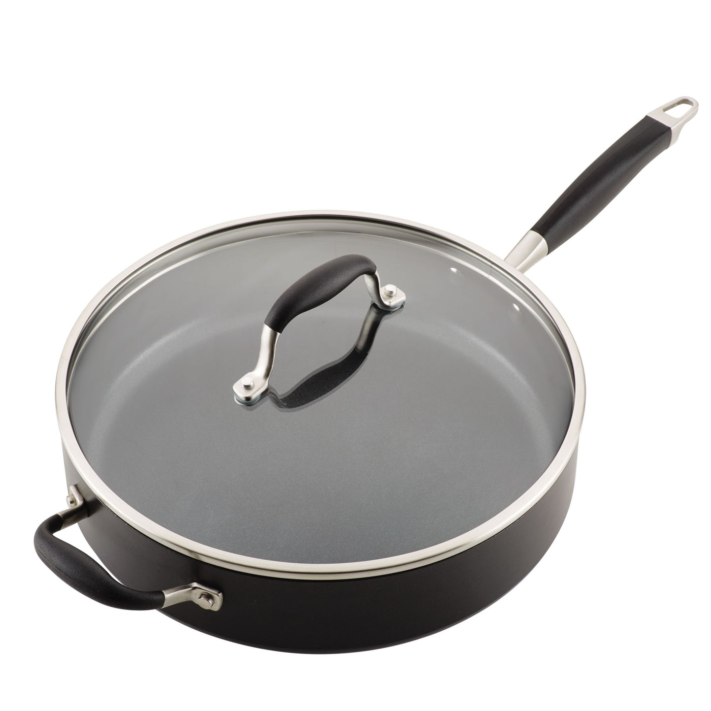 The Advanced Home 5-Quart Sauté Pan with Helper Handle features a sleek black exterior and includes a transparent lid, allowing you to easily monitor your cooking. It is designed with two handles—one long and one short—both equipped with comfortable black grips for ease of use.