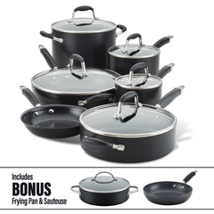 Discover the elegance and durability of the Anolon 11-Piece Cookware Set with Bonus, crafted from sleek black and silver nonstick, hard anodized aluminum. This set includes a variety of pots and pans with glass lids, plus an additional bonus frying pan and sauteuse showcased in the bottom corner.