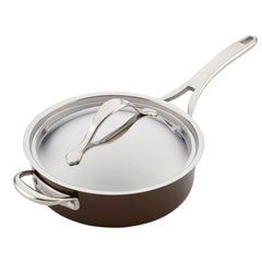 A saucepan from the Nouvelle Luxe 11-Piece Cookware Set, crafted from brown hard-anodized aluminum and equipped with a shiny stainless steel lid. It features a sleek, curved handle along with a sturdy side grip, allowing for versatile cooking as it is oven safe up to 450°F.